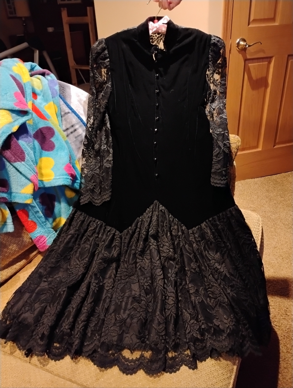 Vintage Black Velvet Dress with Lace Long Sleeves